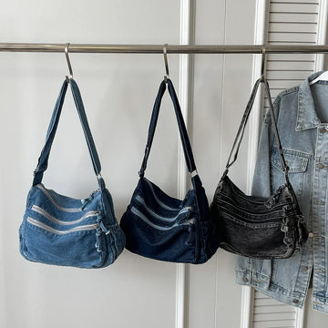 Xajzpa  Women Casual Satchel Bag Large Capacity Denim Vintage Messenger Bag Adjustable Strap Daily Tote Bag Multifunction Chic Hobo Bag